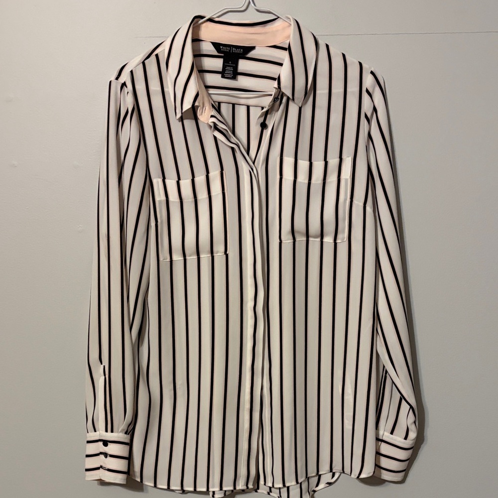 White House Black Market Cream and Black Striped Blouse. Size 6. See Call Out: